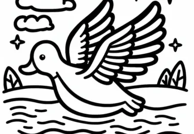 Ente fliegt mit ausgebreiteten Flügeln über See: Einfaches Ausmalbild (Kostenlos)