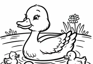 Entenmutter schwimmt mit Küken über Teich: Einfaches Ausmalbild (Kostenlos)