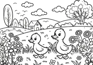 Zwei Enten watscheln über eine Wiese mit Blumen: Einfache Malvorlage (Gratis)