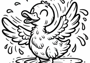 Ente breitet Flügel aus und schüttelt sich nach dem Baden: Einfache Malvorlage (Gratis)