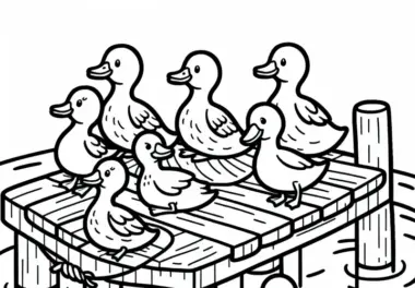 Enten sitzen auf einem Steg: Einfaches Ausmalbild (Kostenlos)