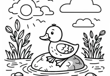 Ente ruht sich auf einem Stein im Wasser aus: Einfache Ausmalvorlage (Kostenlos)