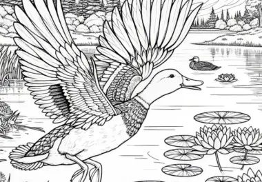 Ente fliegt mit ausgebreiteten Flügeln über See: Realistische Malvorlage (Gratis)