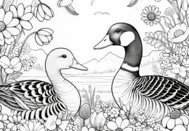 Zwei Enten auf einer Wiese mit Blumen: Ausmalbild zum Herunterladen (Gratis)
