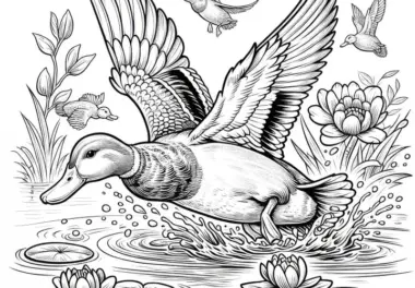Ente hebt zum Flug ab: Ausmalbild zum Download (Kostenlos)