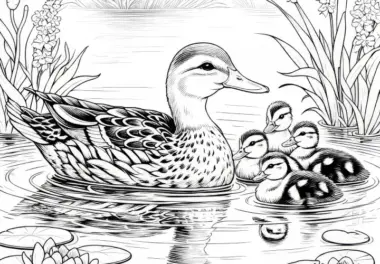 Entenmutter schwimmt mit Küken über Teich: Ausmalbild zum Download (Kostenlos)