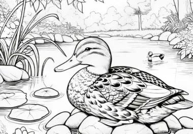 Ente auf Steinen im Wasser: Ausmalbild zum Download (Gratis)