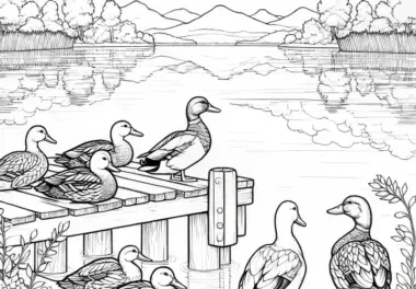 Enten sitzen auf Steg: Detailreiche Malvorlage (Gratis)