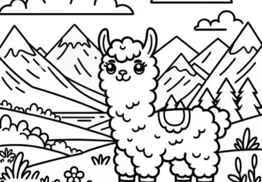 Lama mit lustigem Blick steht auf Bergwiese: Einfache Malvorlage (Gratis)