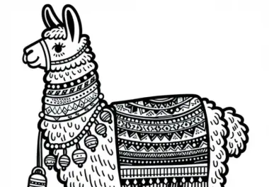 Lama mit Decke und Glocken am Hals: Einfaches Ausmalbild (Kostenlos)