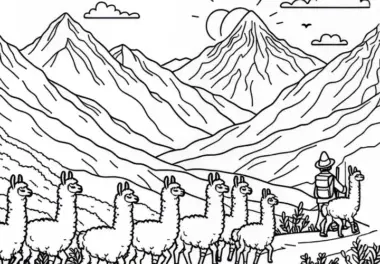Lamas wandern durch die Anden: Einfaches Ausmalbild (Kostenlos)