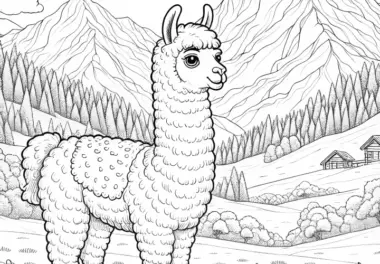 Lama mit lustigem Blick auf Bergwiese: Malvorlage zum Download (Gratis)