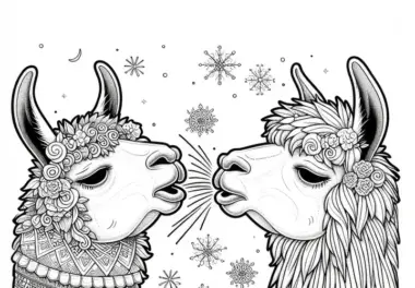 Zwei Lamas niesen sich ins Gesicht: Malvorlage zum Herunterladen (Kostenlos)