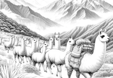 Lamas wandern durch die Anden: Ausmalbild zum Herunterladen (Gratis)
