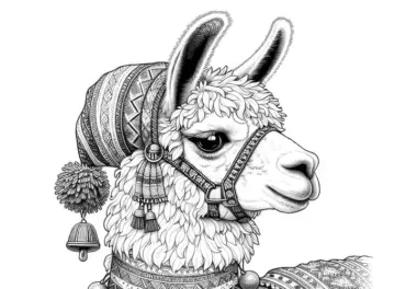 Lama mit Decke und Glocken: Ausmalbild zum Download (Kostenlos)
