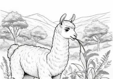 Lama kaut gemütlich auf Grashalm: Kostenlose Ausmalvorlage