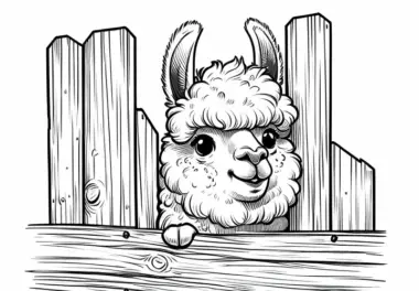 Lama schaut frech aus Holzzaun hervor: Ausmalbild zum Herunterladen (Kostenlos)