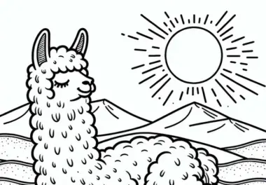 Lama liegt im Sand: Kostenlose Malvorlage