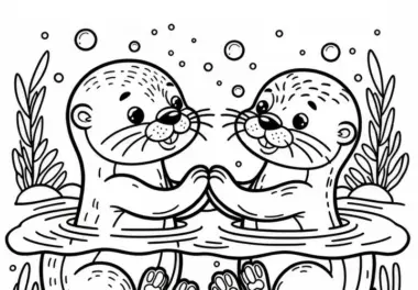 Zwei Otter treiben im Wasser: Einfaches Ausmalbild (Kostenlos)