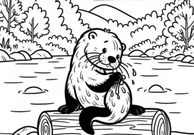 Otter putzt sein Fell auf Baumstamm: Einfaches Ausmalbild (Kostenlos)