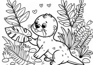 Otterjunges spielt neugierig mit Blatt: Einfaches Ausmalbild (Kostenlos)