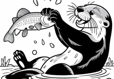 Otter fängt mit den Pfoten einen Fisch: Einfaches Ausmalbild (Kostenlos)