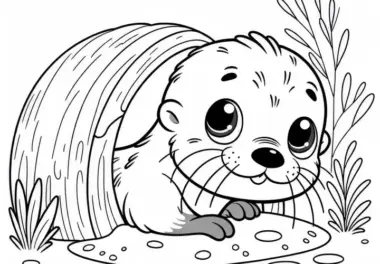 Otter mit großen Augen schaut aus seinem Bau: Einfaches Ausmalbild (Kostenlos)