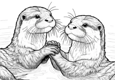Zwei Otter halten sich an den Pfoten im Wasser: Kostenloses Ausmalbild