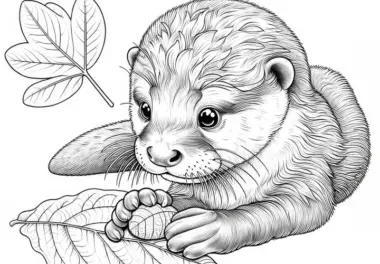 Otterjunges spielt neugierig mit Blatt: Realistische Malvorlage (Kostenlos)