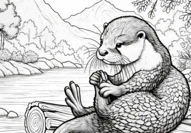 Otter putzt Sein Fell auf Baumstamm als Ausmalbild (Gratis)