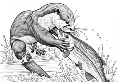 Otter fängt einen Fisch: Ausmalbild in hoher Qualität (Kostenlos)