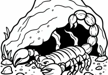 Skorpion versteckt sich unter Stein und lauert auf Beute: Einfache Malvorlage (Gratis)