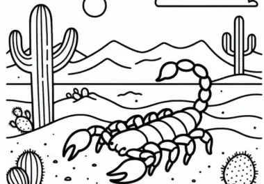 Skorpion im Wüstensand mit Kaktus: Einfaches Ausmalbild (Kostenlos)