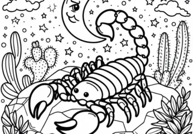 Skorpion auf Felsen mit Mond im Hintergrund: Einfache Malvorlage (Kostenlos)