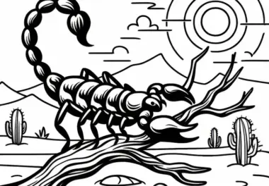 Skorpion klettert über trockenen Ast in der Wüste: Einfaches Ausmalbild (Gratis)