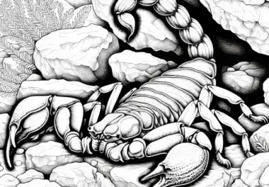Skorpion versteckt sich unter Stein und lauert auf Beute: Kostenlose Malvorlage