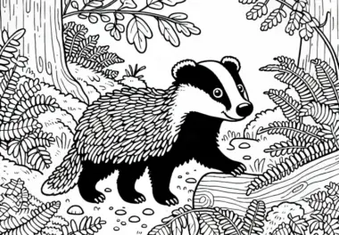 Dachs läuft durch dichten Wald: Einfache Malvorlage (Gratis)