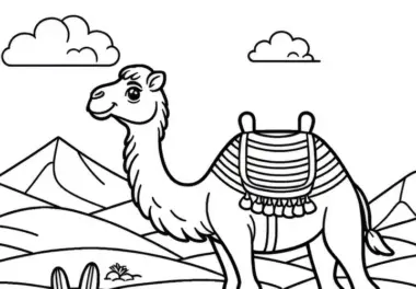 Kamel in Wüstenlandschaft mit Sanddünen: Einfache Malvorlage (Gratis)