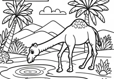 Kamel in Oase mit Palmen im Hintergrund: Einfache Malvorlage (Kostenlos)