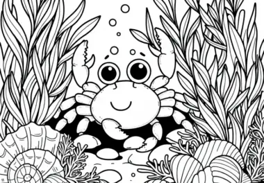 Krebs zwischen Algen und Muscheln unter Wasser: Einfache Malvorlage (Gratis)