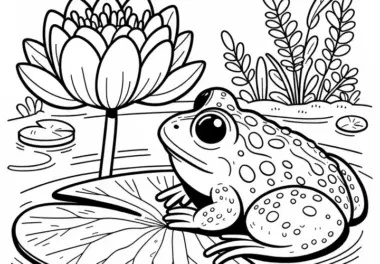 Kröte auf Seerosenblatt im Teich: Einfaches Ausmalbild (Kostenlos)