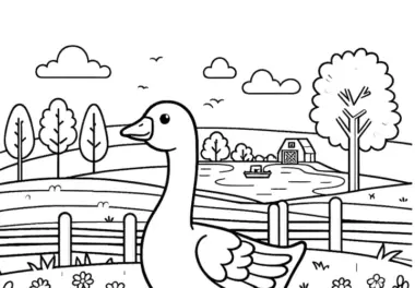 Gans auf Bauernhofwiese: Einfaches Ausmalbild (Gratis)