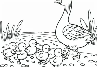 Gänsemutter mit Küken auf einem Feldweg: Einfache Malvorlage (Kostenlos)