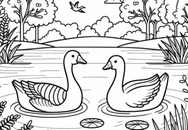 Zwei Gänse auf einem See: Einfaches Ausmalbild (Kostenlos)