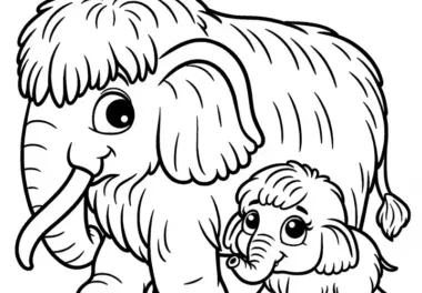 Mammutbaby mit Mutter: Einfache Malvorlage (Gratis)