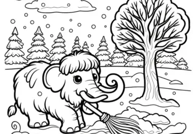 Mammut schippt Schnee: Einfaches Ausmalbild (Kostenlos)