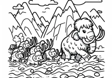 Mammutherde durchquert reißenden Fluss: Einfache Malvorlage (Kostenlos)