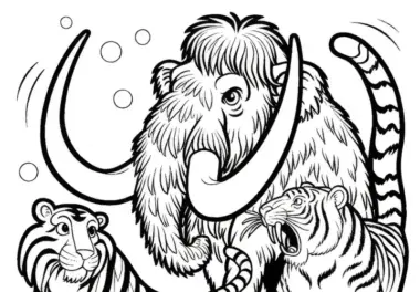 Mammut kämpft gegen Säbelzahntiger: Ausmalbild zum Herunterladen (Gratis)