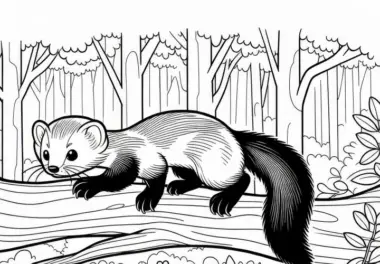 Marder auf einem Ast im Wald: Einfache Malvorlage (Kostenlos)