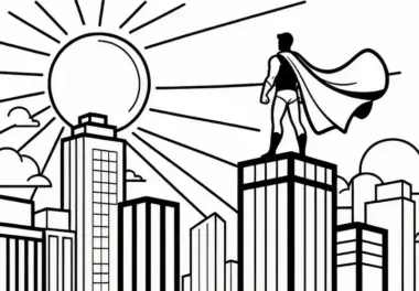 Superheld steht auf Hochhaus und schaut in den Sonnenuntergang: Kostenlose Malvorlage